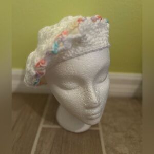 Handmade Pastel/White Crocheted Beret Women’s Hat One Size